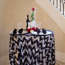 Load image into Gallery viewer, 72 in. Square Chevron Sequin Overlay (Table Ready) White & Gold