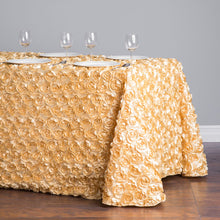 Load image into Gallery viewer, 88 X 130 in. Rectangular Rosette Satin Tablecloth Gold