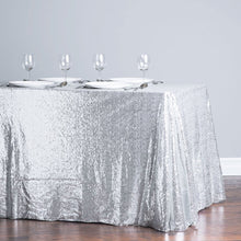 Load image into Gallery viewer, 88 X 154 in. Rectangular Sequin Tablecloth Silver