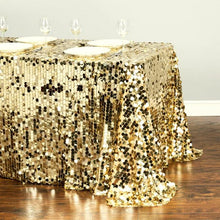 Load image into Gallery viewer, 88 X 130 in. Rectangular Payette Sequin Tablecloth Gold