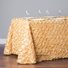 Load image into Gallery viewer, 88 X 154 in. Rectangular Rosette Satin Tablecloth Gold