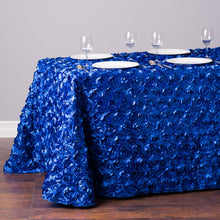 Load image into Gallery viewer, 88 X 154 in. Rectangular Rosette Satin Tablecloth Royal Blue