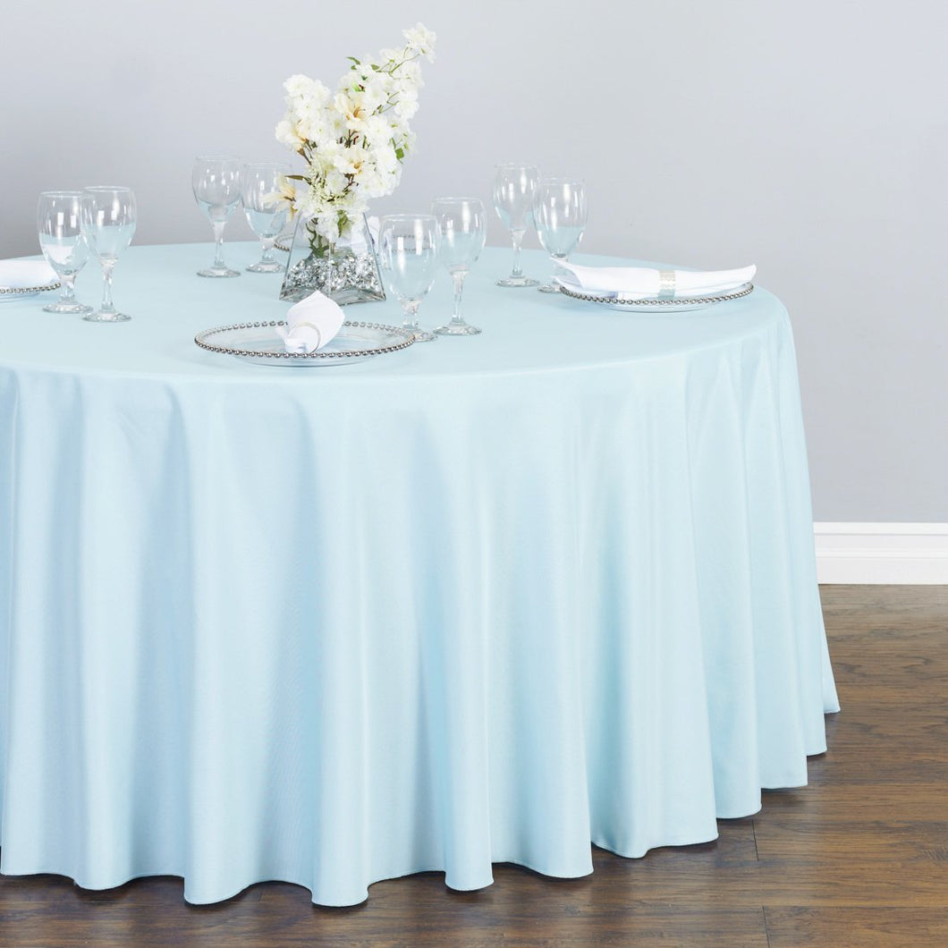 Bargain 132 In. Round Polyester Tablecloth Baby Blue