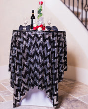Load image into Gallery viewer, 72 in. Square Chevron Sequin Overlay (Table Ready) White &amp; Gold
