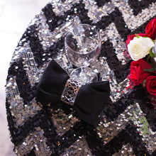 Load image into Gallery viewer, 72 in. Square Chevron Sequin Overlay (Table Ready) White &amp; Gold
