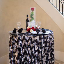 Load image into Gallery viewer, 72 in. Square Chevron Sequin Overlay (Table Ready) White &amp; Gold
