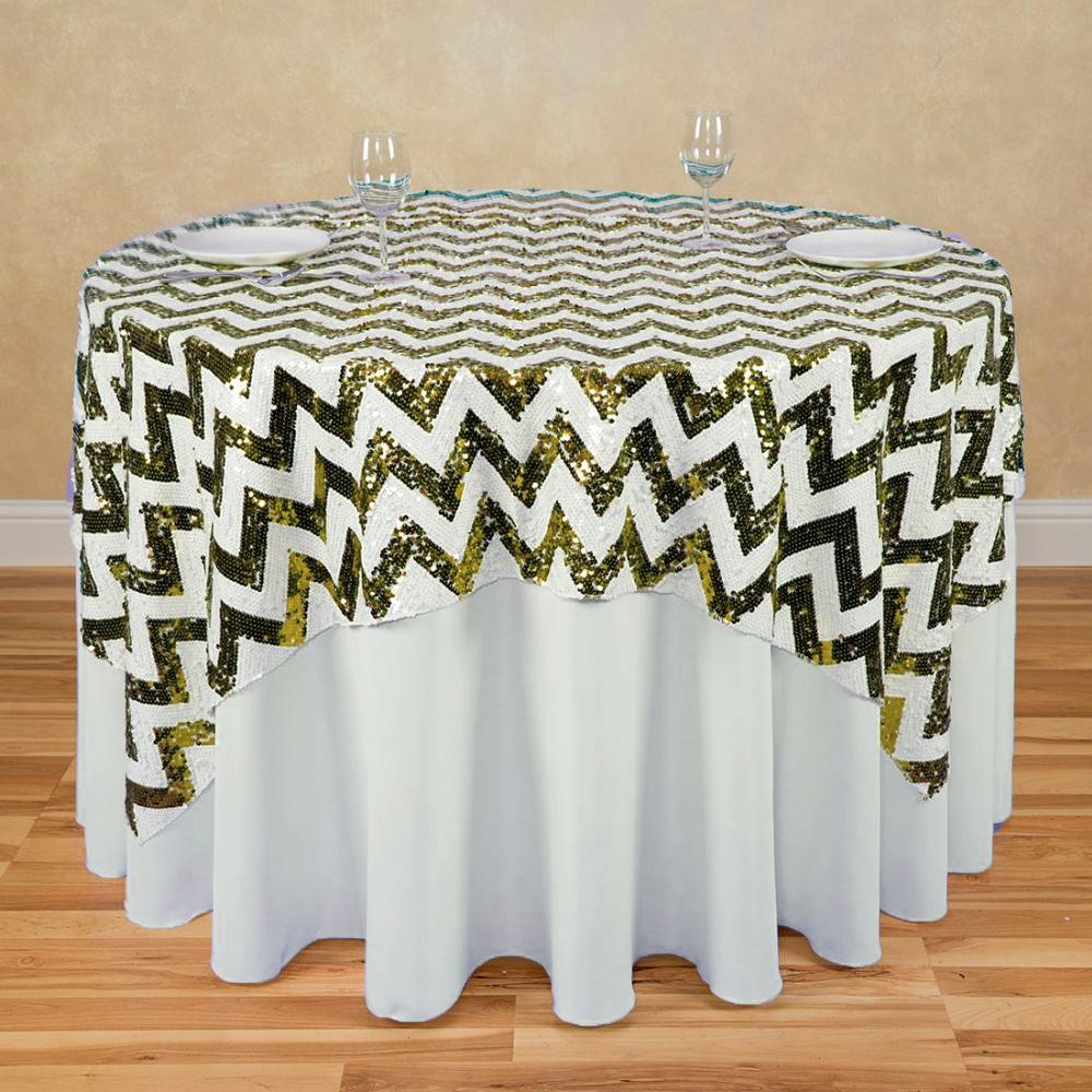 72 in. Square Chevron Sequin Overlay (Table Ready) White & Gold