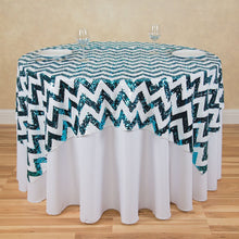 Load image into Gallery viewer, 72 in. Square Chevron Sequin Overlay (Table Ready) White &amp; Gold
