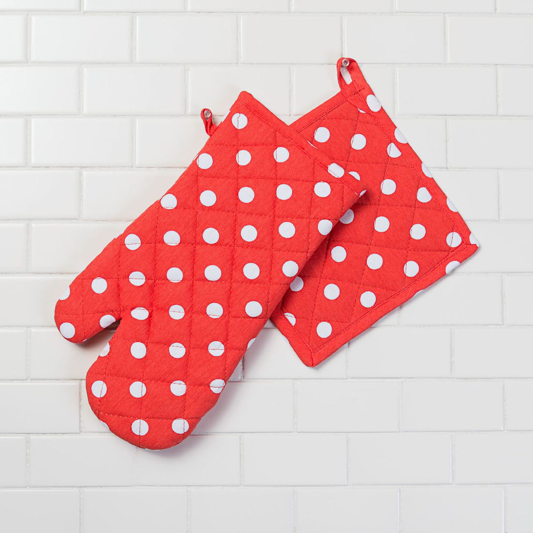 Polka Dots Cotton Oven Mitt / Pot Holder Set 4 Pack