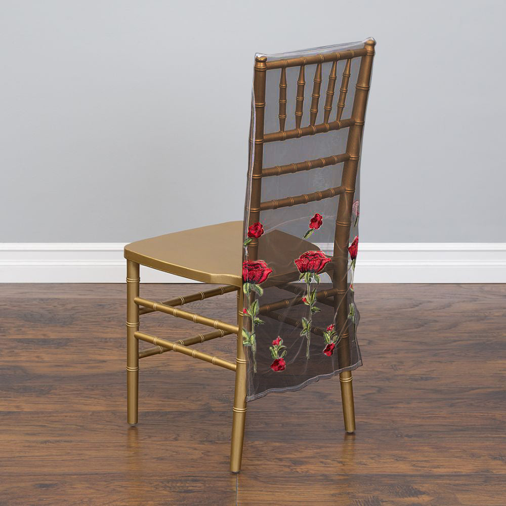Red Rose Embroidered Tulle Chiavari Chair Cover Black