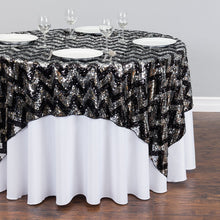 Load image into Gallery viewer, 72 in. Square Chevron Sequin Overlay (Table Ready) White &amp; Gold
