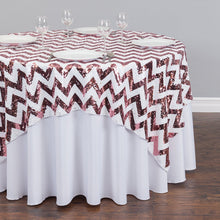 Load image into Gallery viewer, 72 in. Square Chevron Sequin Overlay (Table Ready) White &amp; Gold
